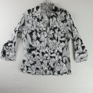 Harve Bernard Black and White Linen Blouse Size L Abstract Floral